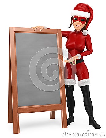 3D Woman christmas superhero standing with a blank chalkboard Cartoon Illustration