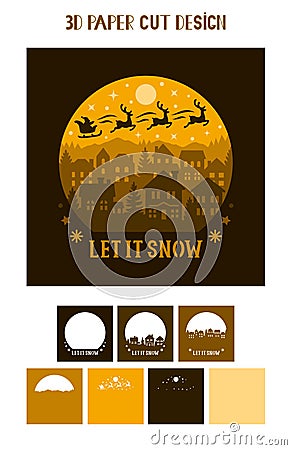 3D Christmas shadow box. Let it Snow phrase. Vector layered tunnel card Vector Illustration