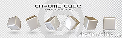 3d chrome cube shape realistic vector graphic isolated on transparent background. Geometric square figure y2k icon Vector Illustration