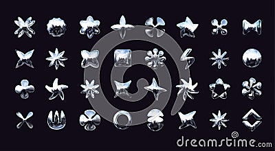 3D chrome shapes. Y2K flowers. Abstract silver holographic and geometric figures. Stars and crosses. Metallic icons Vector Illustration