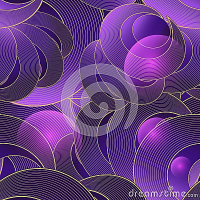 3d circles seamless pattern. Lines circles glowing violet background. Repeat illuminated neon style line art vector backdrop. Vector Illustration