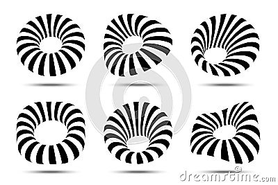 3d circular striped emblem set. Three dimensional stripy distort shapes. Logo design element. Line stripes. Vector Vector Illustration