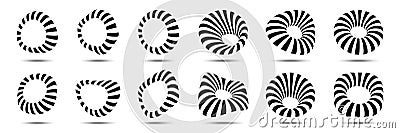 3d circular striped frames set. Three dimensional stripy distort shapes Logo design element for technology. Vector Vector Illustration