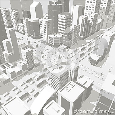 3d city buildings background street In light gray tones. Road Intersection. High detail city projection view. Cars end Vector Illustration