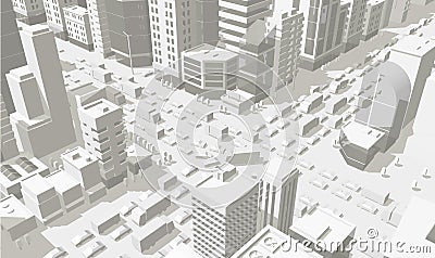 3d city buildings background street In light gray tones. Road Intersection. High detail city projection view. Cars end buildings Cartoon Illustration