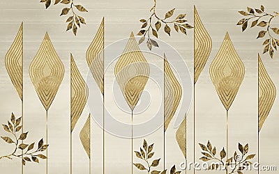 3d classic abstract wallpaper. golden tree leaves and shapes on light golden background. living room wall decoration Stock Photo