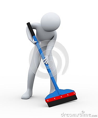 3d cleaner person with floor wiper Cartoon Illustration