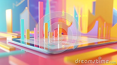A 3D close-up of dynamic, colorful graphs and charts floating above a tablet, symbolizing e-commerce analytics, with copy space on Stock Photo