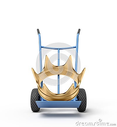 3d close-up rendering of big golden crown on blue hand truck. Stock Photo