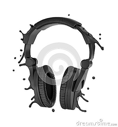 3d close-up rendering of black melting headphones isolated on white background, splashing black drops around. Stock Photo