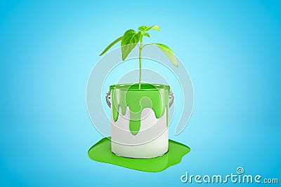 3d close-up rendering of bucket of green paint standing in puddle of spilt paint with young green sprout growing right Stock Photo