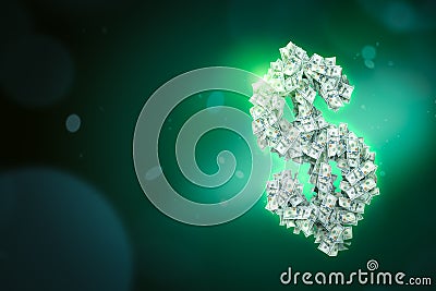 3d close-up rendering of dollar symbol made of a heap of dollar banknotes on green gradient bokeh background with copy Stock Photo