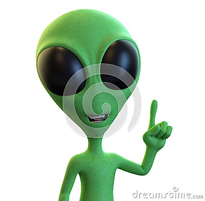 Green Cartoon Alien has an idea or solution Stock Photo