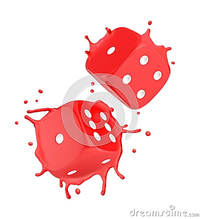 3d close-up rendering of two red melting dice splashing red plastic around isolated on white background. Stock Photo