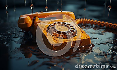 3d close-up rendering of yellow rotary phone, its plastic case melting and splashing around, isolated on white Stock Photo