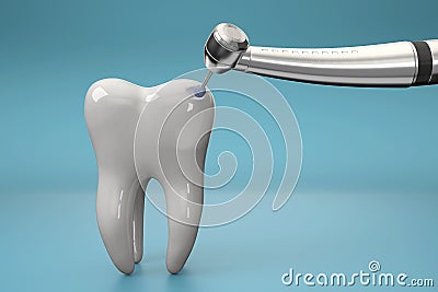 3D close up view of dental drill and white tooth model in action Stock Photo