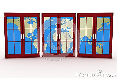 3d closed plastic windows wiht map of world Stock Photo