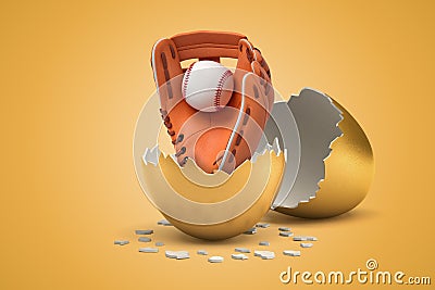3d closeup rendering of baseball glove and ball that just hatched out from golden egg. Stock Photo