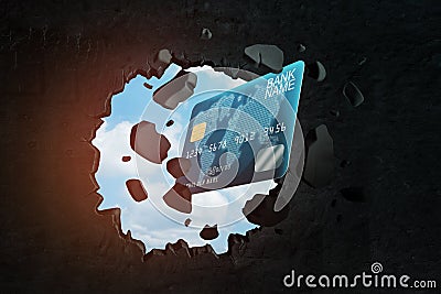 3d closeup rendering of blue plastic credit card breaking hole in black wall with blue sky seen through hole. Stock Photo