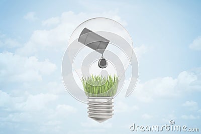 3d closeup rendering of electric bulb with black oil barrel tipped and spilling oil drop on green grass, all inside the Stock Photo