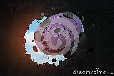 3d closeup rendering of 25 kg weight plate breaking hole in black wall with blue sky seen through hole. Stock Photo