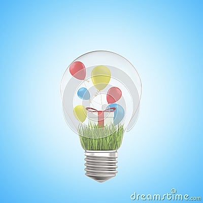 3d closeup rendering of lightbulb and green grass, white gift box and colorful balloons inside it, on light-blue Stock Photo
