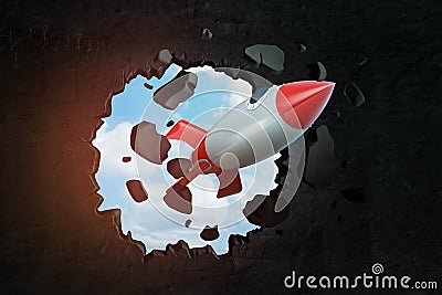 3d closeup rendering of toy space rocket punching hole in black wall with sky peeking through. Stock Photo