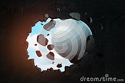 3d closeup rendering of white yoga ball breaking hole in black wall with blue sky seen through hole. Stock Photo