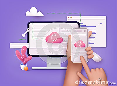 3D Cloud computing upload and download data online service with mobile and computer Vector Illustration