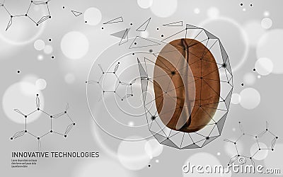 3D coffee bean realistic caffeine molecule. Low poly modern cafe processing symbol. Technology product caffeine free Vector Illustration