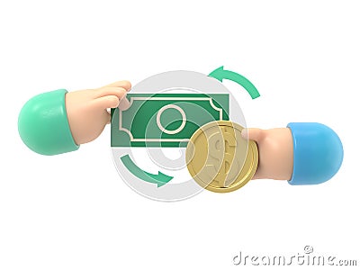 3D coin exchange via banknot. holding money in business hand concept. finance investment and online payment Stock Photo