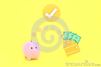 Coins and banknotes and piggy banks. saving concept and spending money Stock Photo
