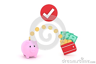 Coins and banknotes and piggy banks. saving concept and spending money Stock Photo