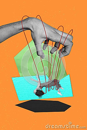 3d collage illustration abstract image of young hanging lady tied in problems powerless marionette isolated on orange Cartoon Illustration
