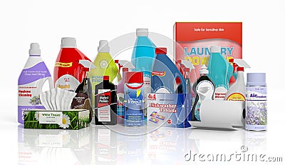3D collection of household cleaning products Stock Photo