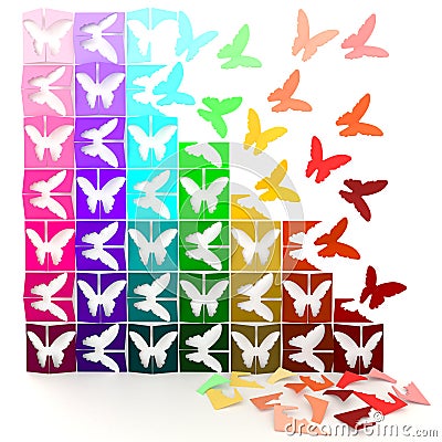 3D colorful paper butterflies turn to life Stock Photo