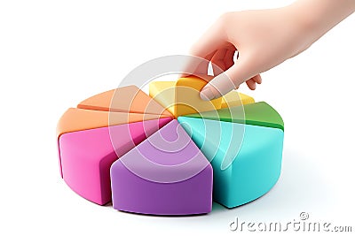 3D Colorful Pie Chart with Hand Placing Segment Data Analysis, Business Concept Stock Photo