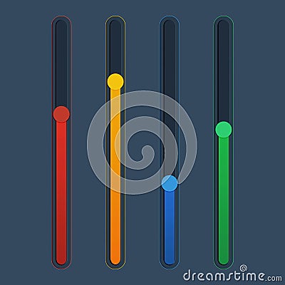 3d colorful scroll bar. Down button. Panel switch control. Website element. Web ui. 4 Red, yellow, green, blue vertical Vector Illustration