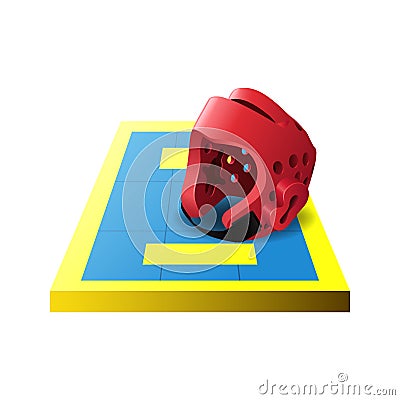 3d colorful taekwondo tatami, mat and red helmet icon isolated on white background, vector illustration Vector Illustration