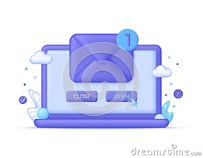 3D Computer monitor display and envelope. Notification concept of new message. Unread email. New notification arrived Vector Illustration