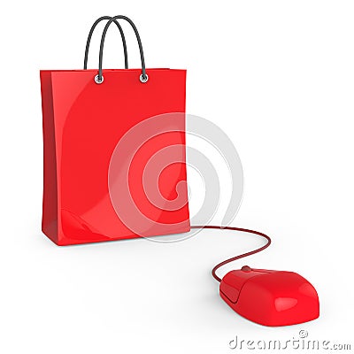 3d Computer mouse connected to shopping bag Stock Photo