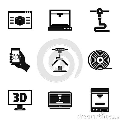 3d computer printer icon set, simple style Vector Illustration