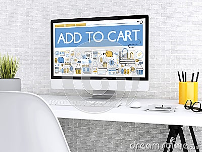 3d Computer with words ADD TO CART. Cartoon Illustration
