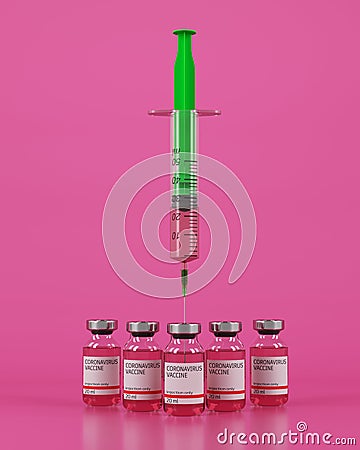 3d concept of green syringe and bottles with vaccine on pink background. Coronavirus vaccine injection. 3D Illustration Stock Photo