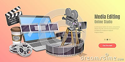 3d Concept of Online Video Editing Service, Motion Design Studio Software. Vector Illustration