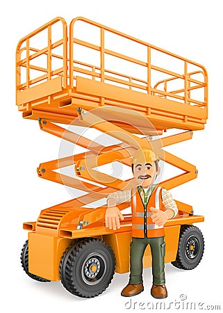 3D Construction worker with a scissor lift Cartoon Illustration