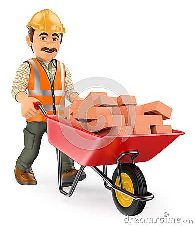 3D Construction worker with a wheelbarrow full of bricks Stock Photo