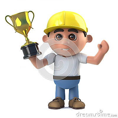 3d Construction worker wins a gold trophy award Stock Photo