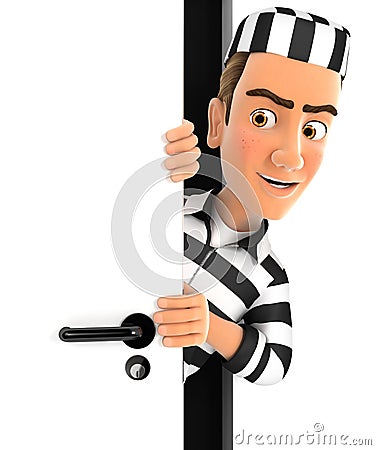 3d convict peeking behind a door Cartoon Illustration