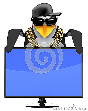 3d Cool penguin looks over a tv screen Stock Photo